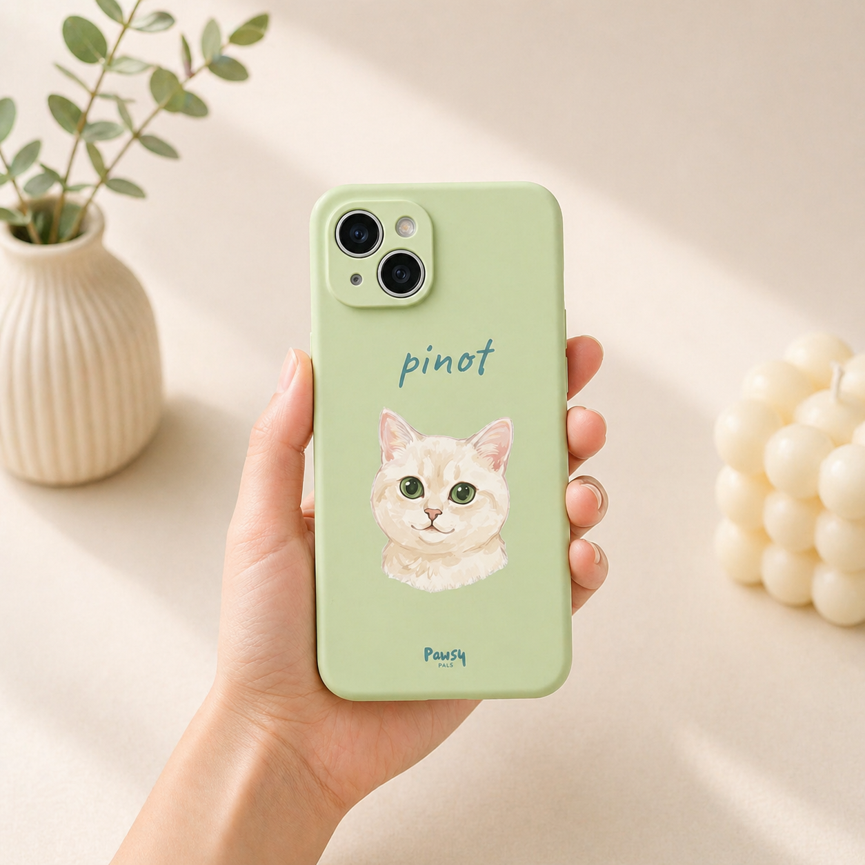 Customized pet portrait phone case with a cat's cute portrait, designed by Pawsy Pals