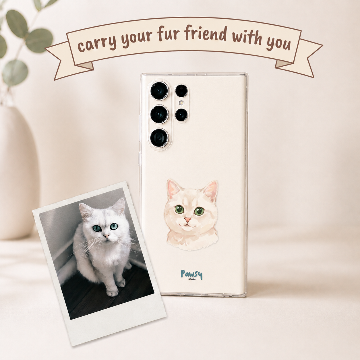 Custom pet portrait phone case, watercolor designed created based on a real pet's photo, designed by Pawsy Pals