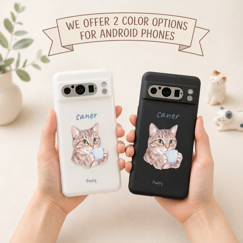 Two phone cases with cat drinking coffee illustrations, watercolor pet portrait design by Pawsy Pals