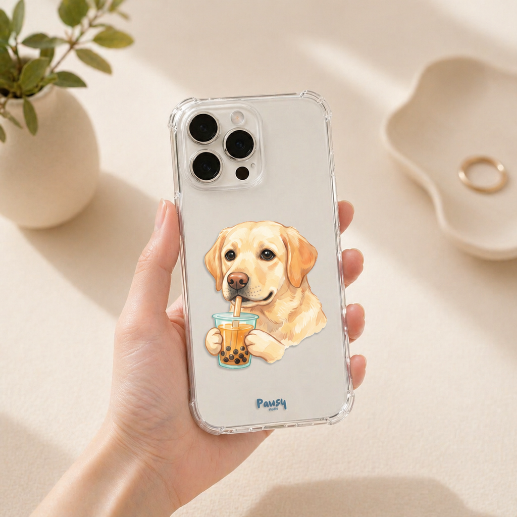 Customized pet portrait clear phone case with a dog drinking boba, watercolor pet portrait designed by Pawsy Pals