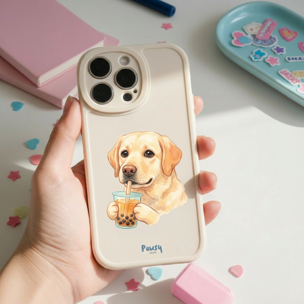 Customized pet portrait phone case with a dog drinking boba design, watercolor designed by Pawsy Pals