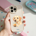 Customized pet portrait phone case with a dog drinking boba design, watercolor designed by Pawsy Pals