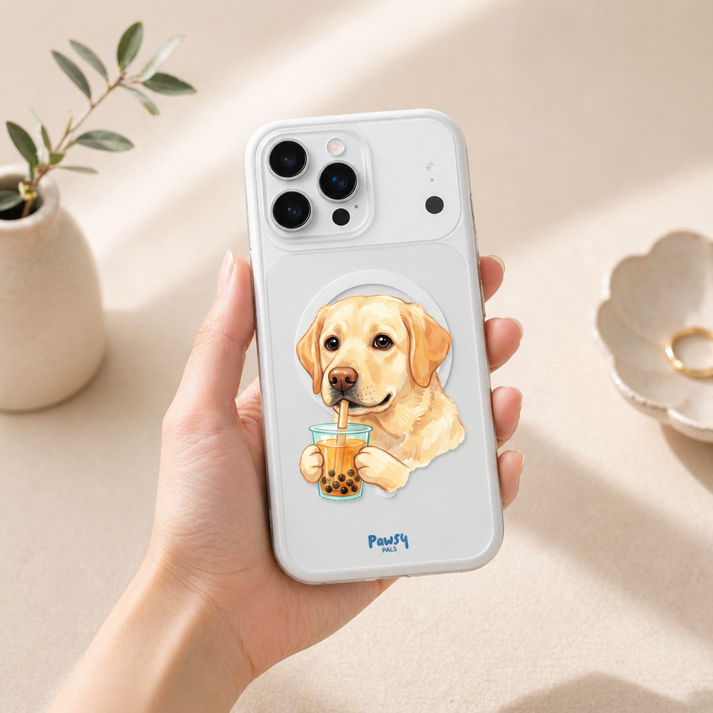 Customized pet portrait clear phone case with a dog drinking boba design, watercolor pet portrait designed by Pawsy Pals