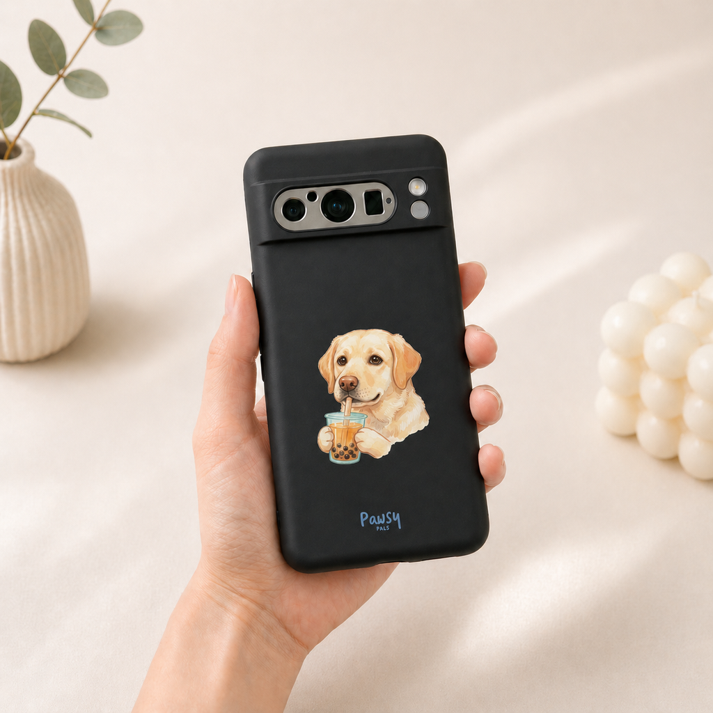 Hand holding an android phone case with a customized dog drinking boba design, watercolor pet portrait design by Pawsy Pals