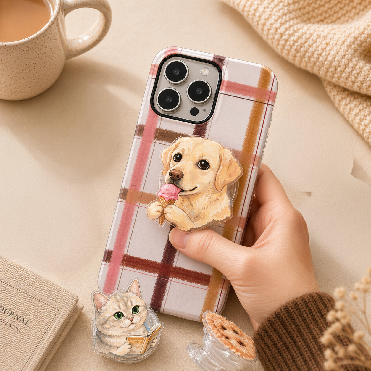 Custom pet portrait phone grip with a dog eating ice-cream, cute watercolor pet portrait designed by Pawsy Pals