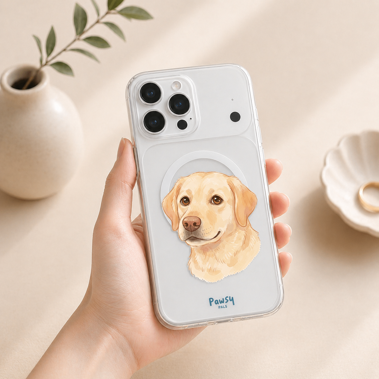 Customized pet portrait clear magsafe phone case with a dog's portrait, cute watercolor pet portrait designed by Pawsy Pals