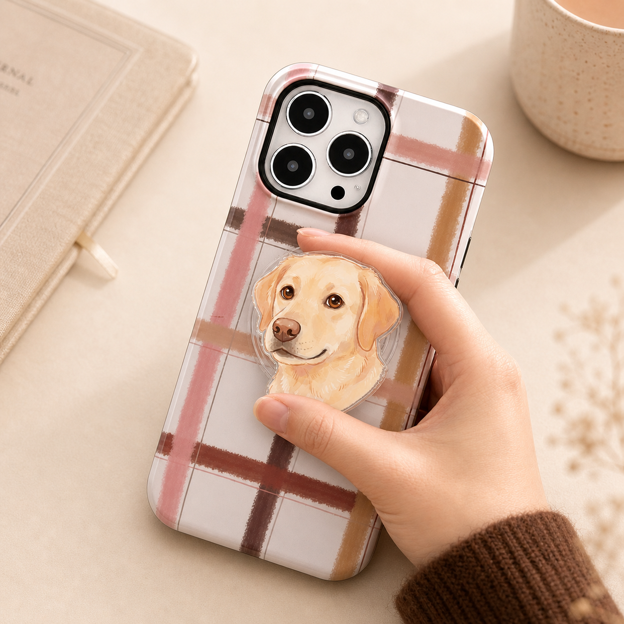 Custom pet portrait phone grip with a dog's portrait, cute watercolor pet portrait designed by Pawsy Pals