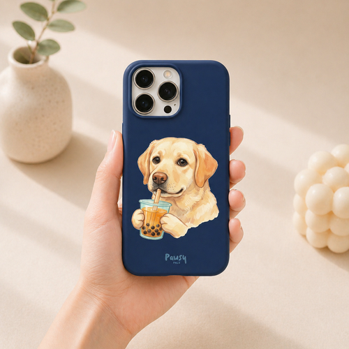 Custom dog portrait phone case, dog drinking boba, watercolor illustration on navy TPU case by Pawsy Pals
